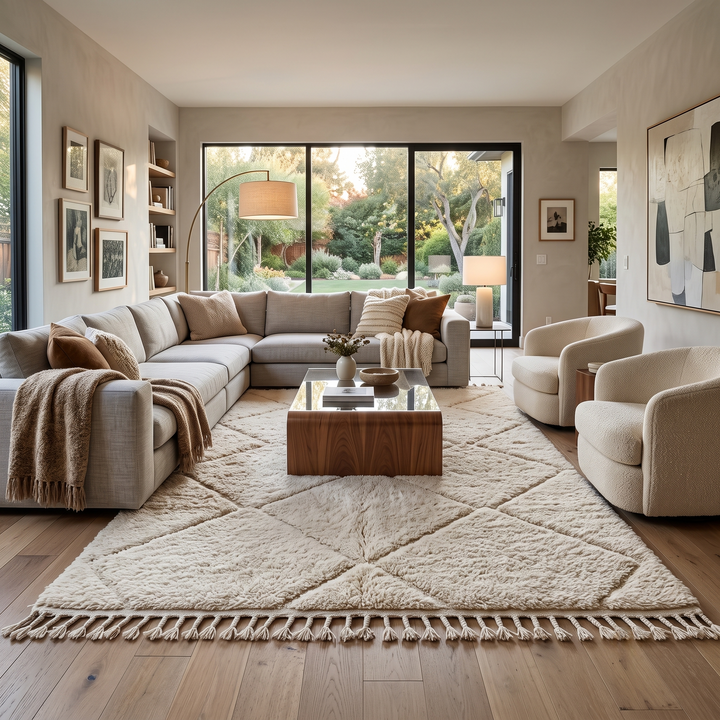 Handwoven Beni Ourain Moroccan rug in cream white wool with soft diamond pattern – plush Berber carpet