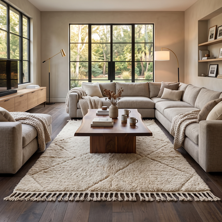Handwoven Beni Ourain Moroccan rug in cream white wool with soft diamond pattern – plush Berber carpet