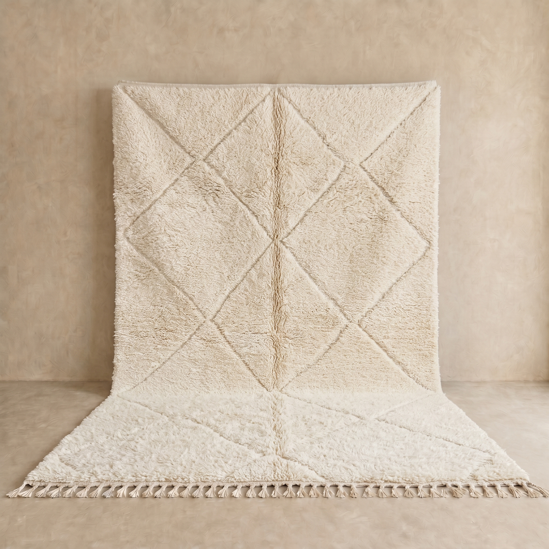Handwoven Beni Ourain Moroccan rug in cream white wool with soft diamond pattern – plush Berber carpet