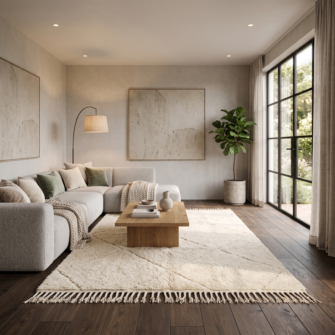 Handwoven Beni Ourain Moroccan rug in cream white wool with soft diamond pattern – plush Berber carpet