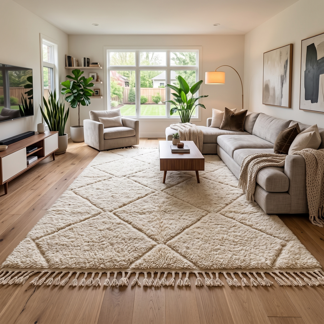 Handwoven Beni Ourain Moroccan rug in cream white wool with soft diamond pattern – plush Berber carpet