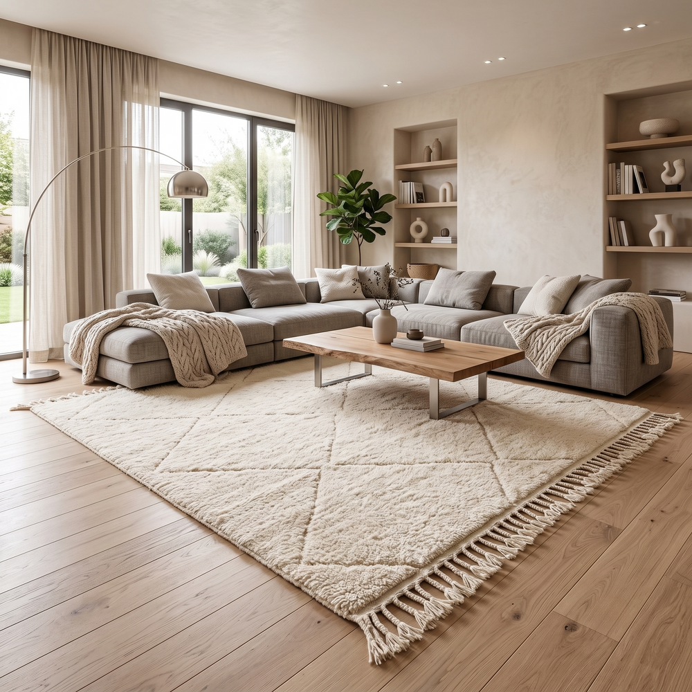 Handwoven Beni Ourain Moroccan rug in cream white wool with soft diamond pattern – plush Berber carpet