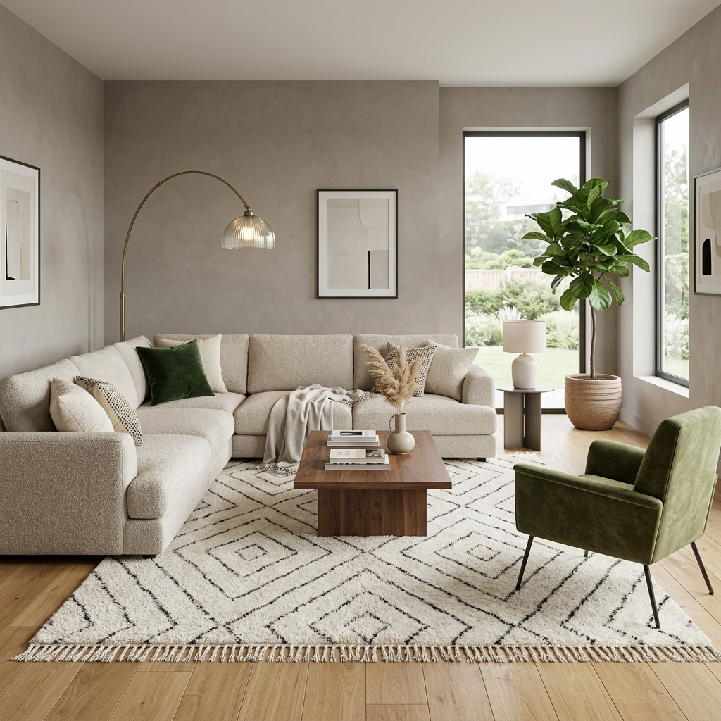 Handmade cream white Moroccan wool rug with black diamond lines and plush wool texture
