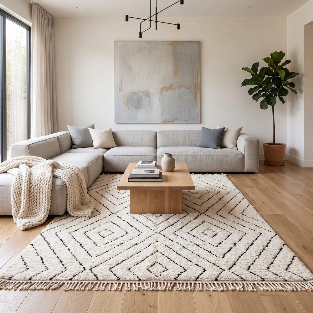 Handmade cream white Moroccan wool rug with black diamond lines and plush wool texture