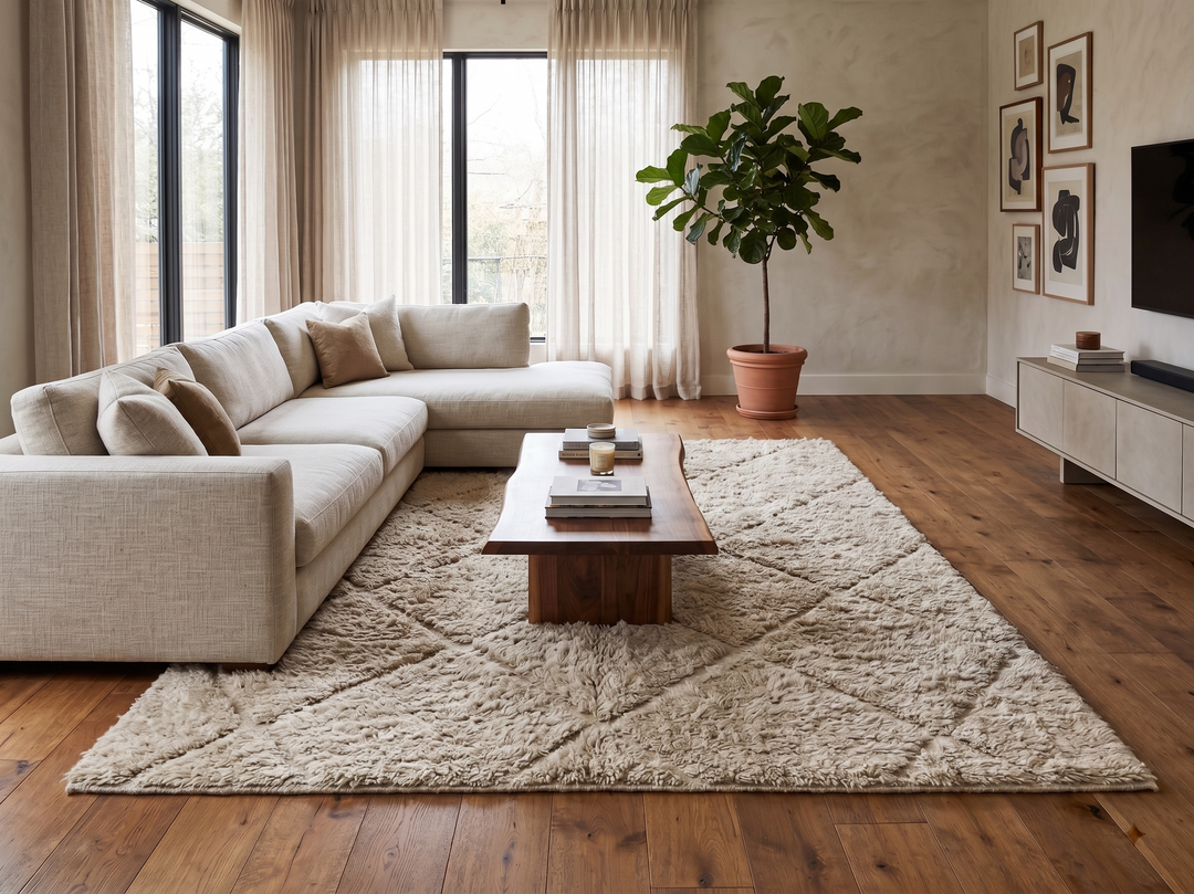 Cream Moroccan wool rug with diamond Berber pattern and plush texture