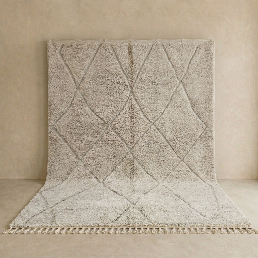 Cream Moroccan wool rug with diamond Berber pattern and plush texture