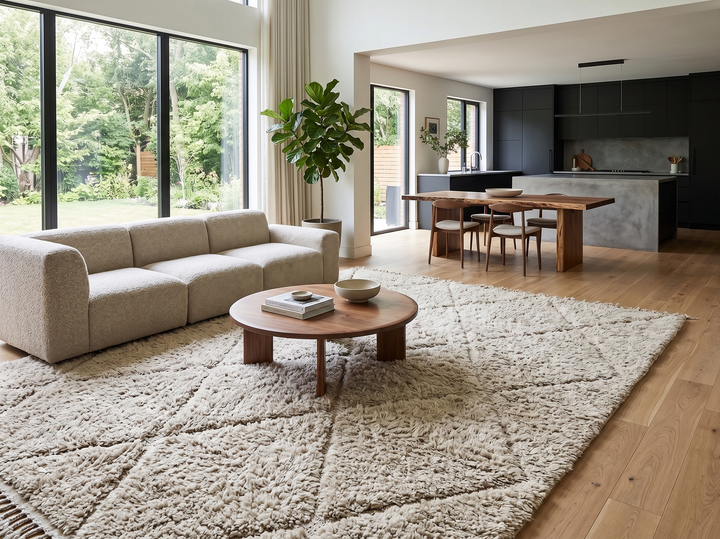 Cream Moroccan wool rug with diamond Berber pattern and plush texture