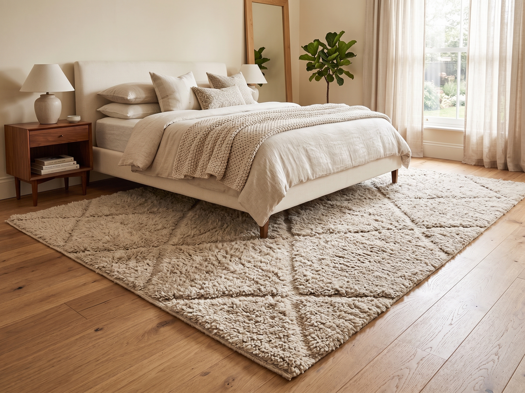 Cream Moroccan wool rug with diamond Berber pattern and plush texture