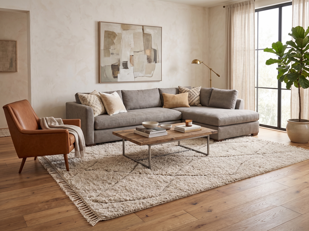 Cream Moroccan wool rug with diamond Berber pattern and plush texture