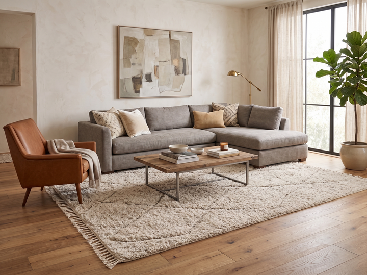 Cream Moroccan wool rug with diamond Berber pattern and plush texture