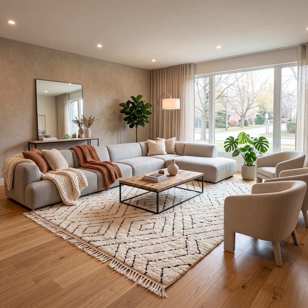 Handmade cream white Moroccan wool rug with black diamond lines and plush wool texture