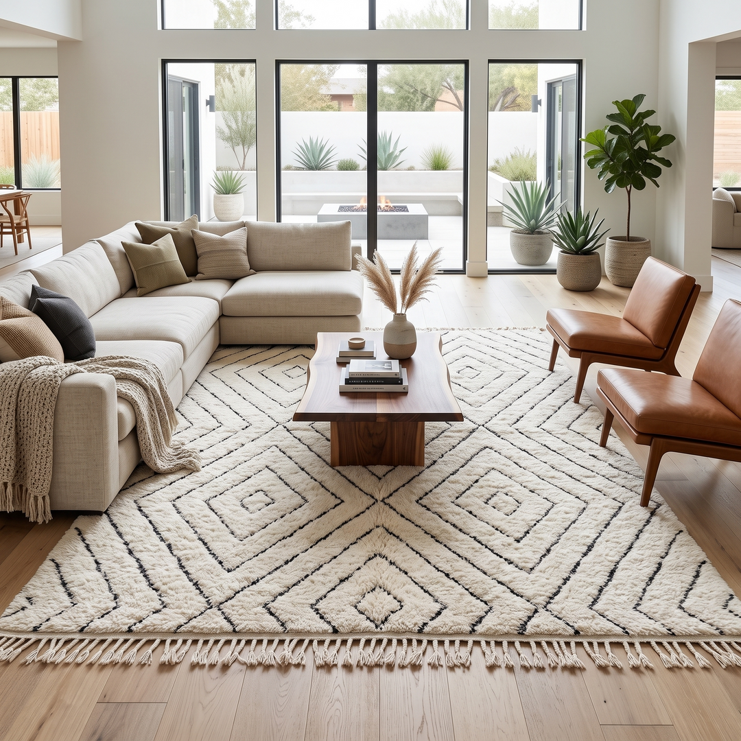 Handmade cream white Moroccan wool rug with black diamond lines and plush wool texture