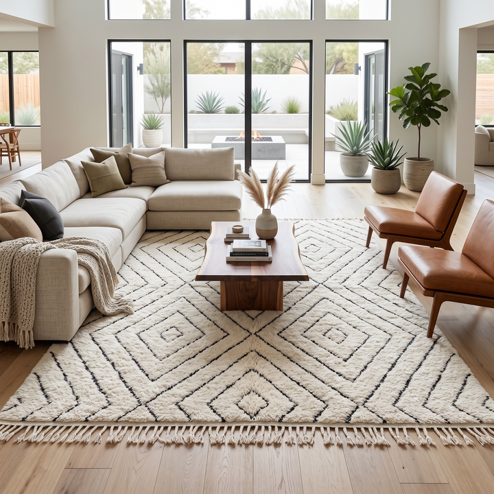 Handmade cream white Moroccan wool rug with black diamond lines and plush wool texture