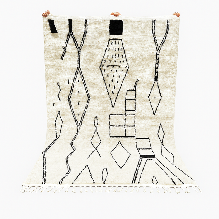 Handwoven cream and black Moroccan wool rug with geometric Beni Ourain design – handmade Berber carpet from Morocco