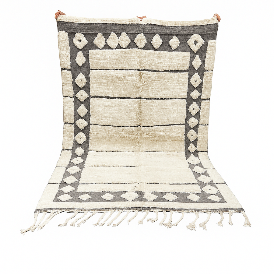 Cream Moroccan wool rug with charcoal gray geometric border and linear Berber pattern