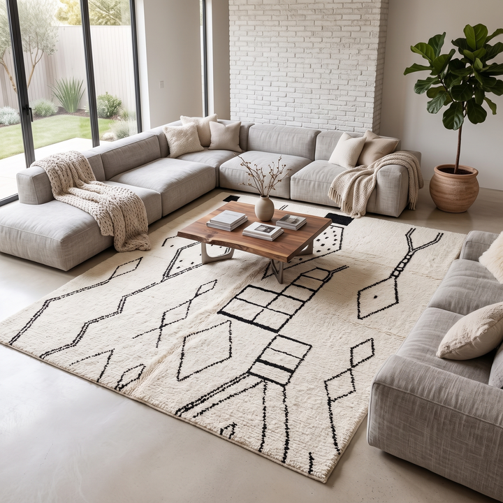 Handwoven cream and black Moroccan wool rug with geometric Beni Ourain design – handmade Berber carpet from Morocco
