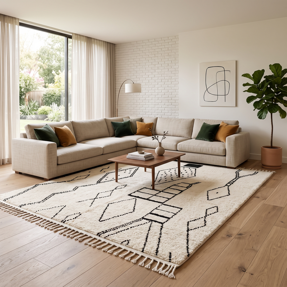 Handwoven cream and black Moroccan wool rug with geometric Beni Ourain design – handmade Berber carpet from Morocco

