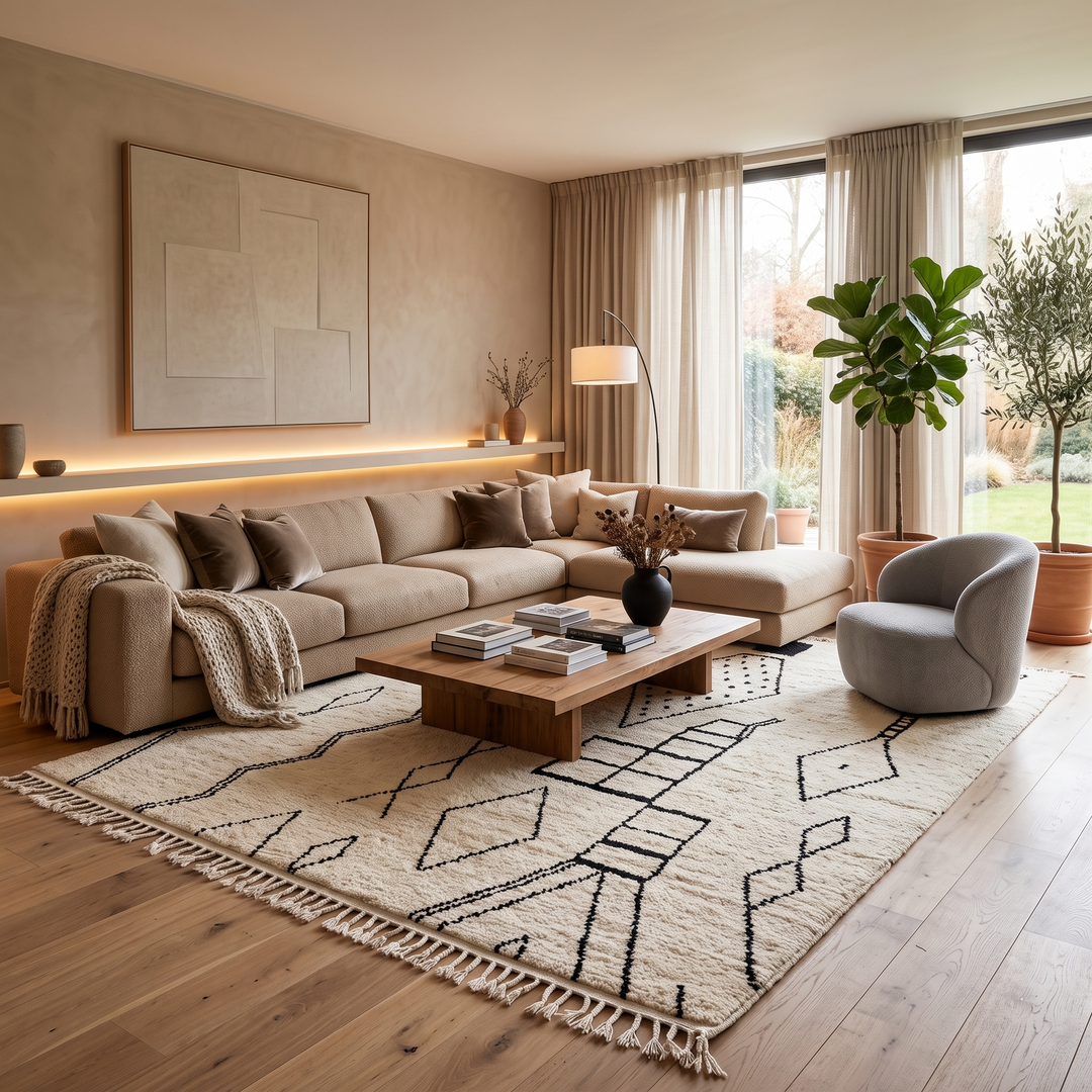 Handwoven cream and black Moroccan wool rug with geometric Beni Ourain design – handmade Berber carpet from Morocco
