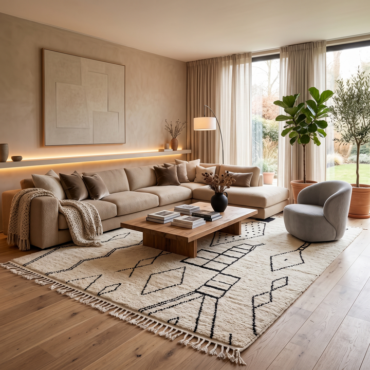 Handwoven cream and black Moroccan wool rug with geometric Beni Ourain design – handmade Berber carpet from Morocco
