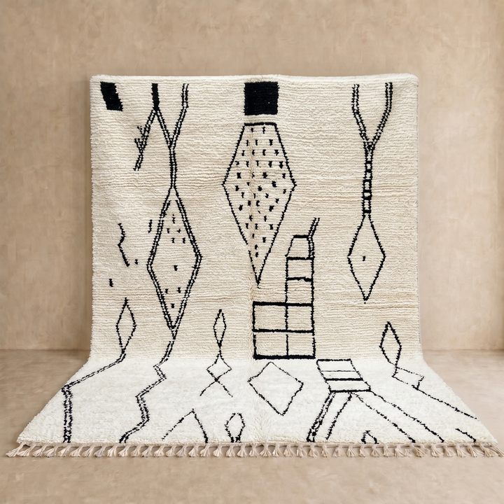 Handwoven cream and black Moroccan wool rug with geometric Beni Ourain design – handmade Berber carpet from Morocco
