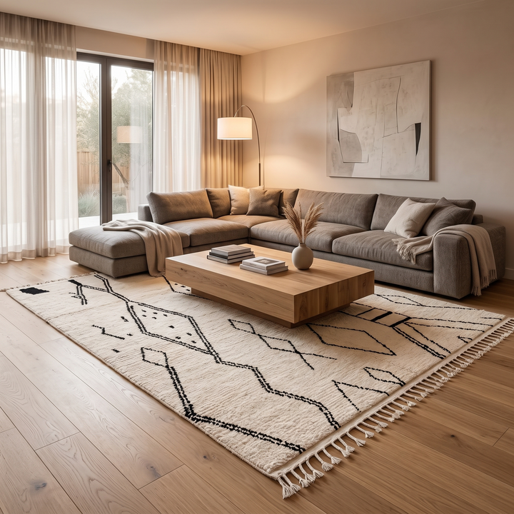 Handwoven cream and black Moroccan wool rug with geometric Beni Ourain design – handmade Berber carpet from Morocco
