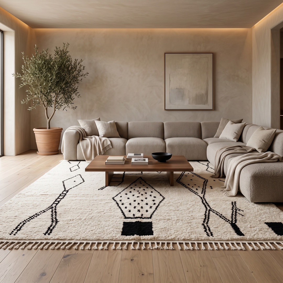 Handwoven cream and black Moroccan wool rug with geometric Beni Ourain design – handmade Berber carpet from Morocco
