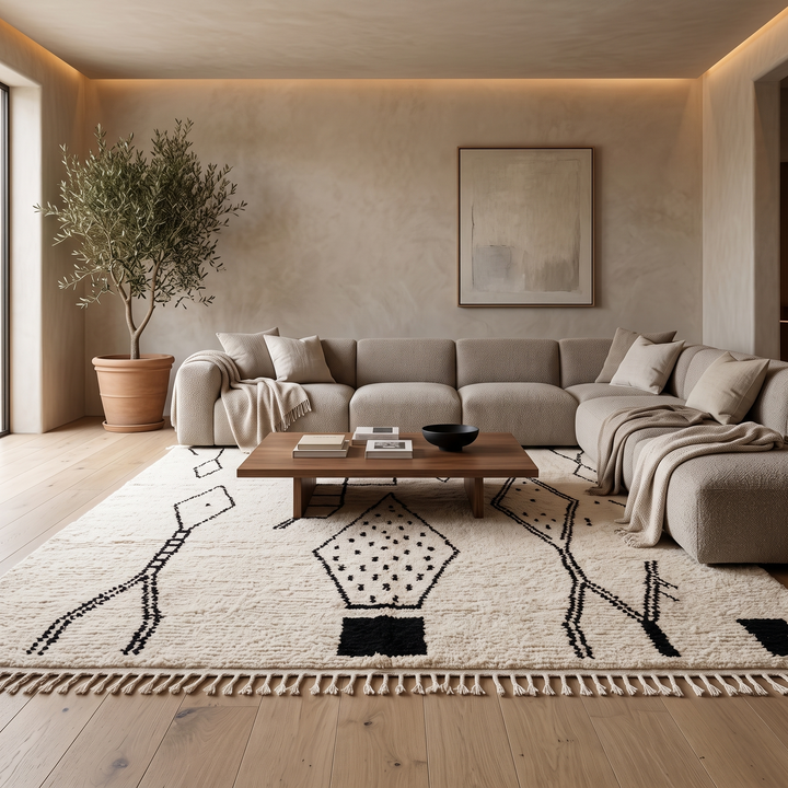 Handwoven cream and black Moroccan wool rug with geometric Beni Ourain design – handmade Berber carpet from Morocco
