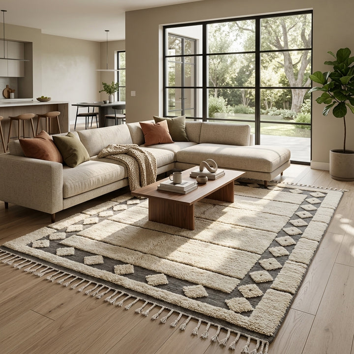 Cream Moroccan wool rug with charcoal gray geometric border and linear Berber pattern
