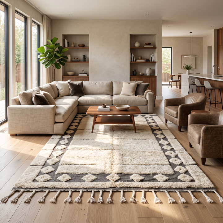 Cream Moroccan wool rug with charcoal gray geometric border and linear Berber pattern