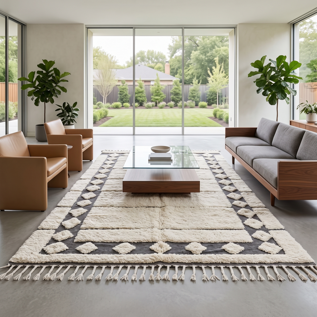 Cream Moroccan wool rug with charcoal gray geometric border and linear Berber pattern