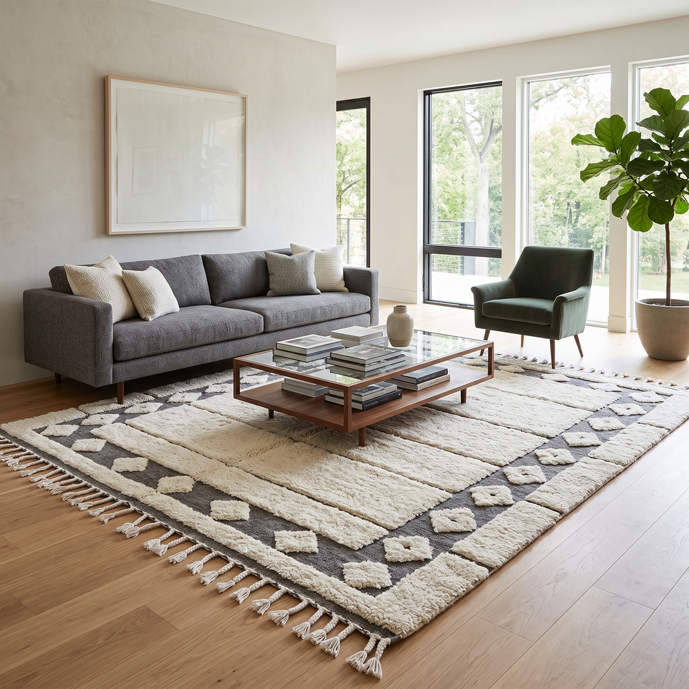 Cream Moroccan wool rug with charcoal gray geometric border and linear Berber pattern