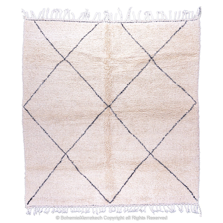 Black and white diamond Moroccan wool rug with a minimalist lattice design, handmade by Berber artisans, perfect for modern decor.