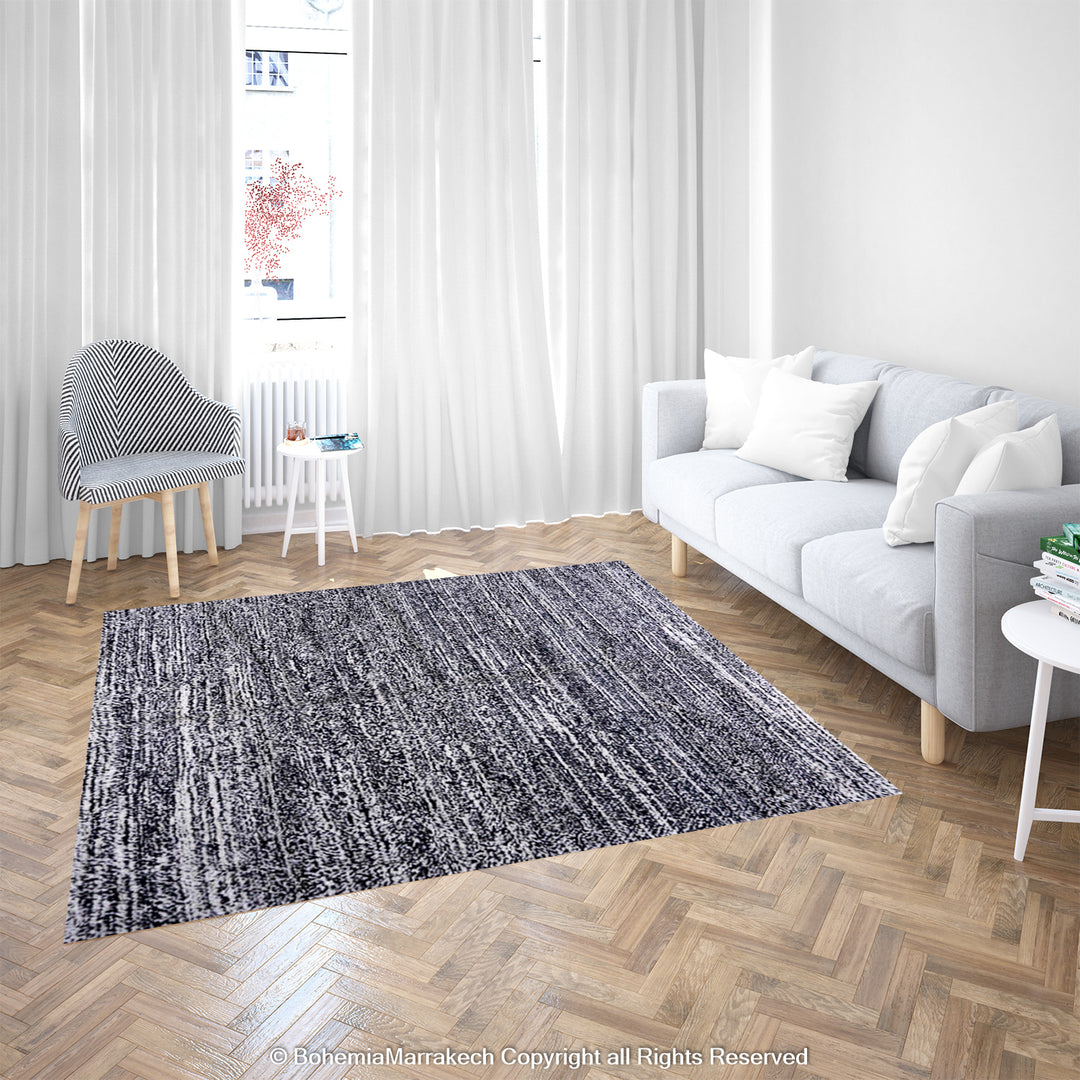 Elegant Grey Moroccan Rug, Handmade Beni Ourain Wool with Modern Design in a Bright Living Room.