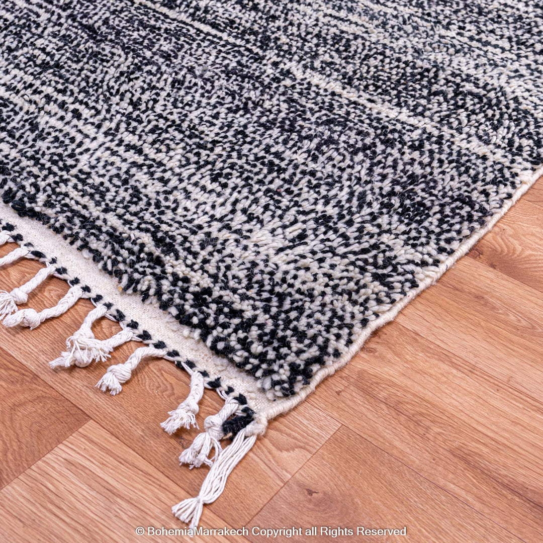 Handmade Grey Moroccan Rug with Dark Grey and White Tones on Wooden Floor, Traditional Berber Wool Carpet, Area Rug for Sale