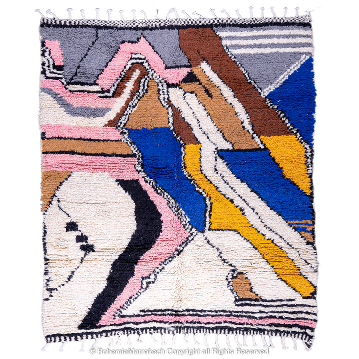 Colorful handmade Moroccan wool rug with abstract design in blue, mustard, pink, and brown. Traditional Berber style.