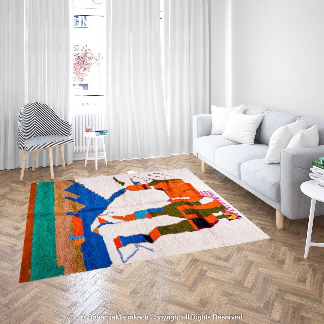 Colorful Moroccan rug with abstract camel design, handwoven wool by Berber artisans, in a modern living room setting.