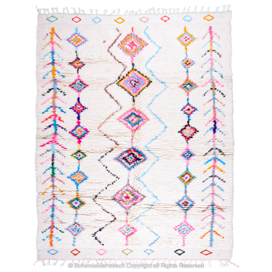 Colorful Moroccan rug with diamond Berber patterns, handmade from wool, featuring vibrant colors on a cream base. Perfect for eclectic decor.