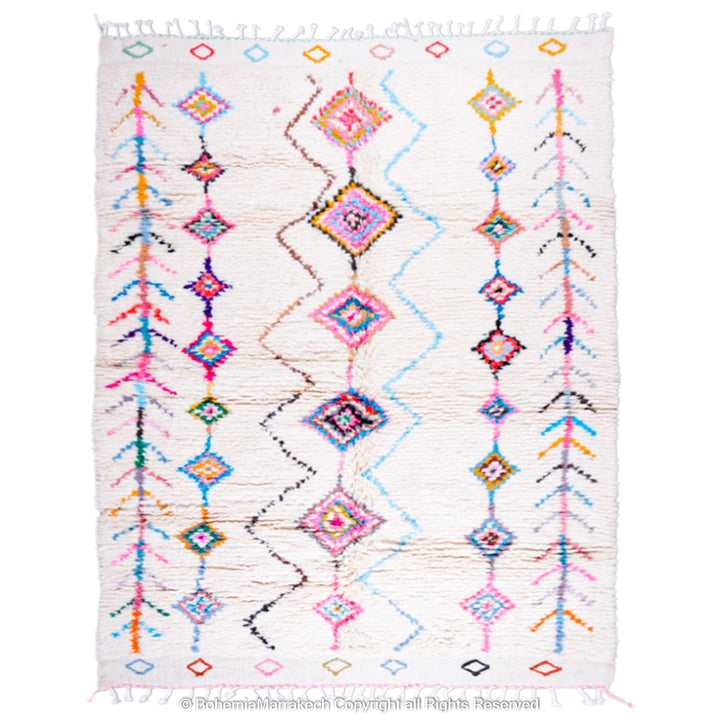 Colorful Moroccan rug with diamond Berber patterns, handmade from wool, featuring vibrant colors on a cream base. Perfect for eclectic decor.