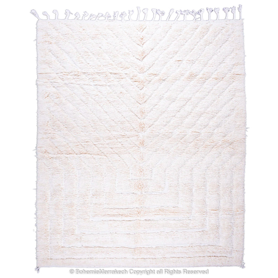 White Moroccan rug with subtle V-shaped texture, handmade from natural wool, ideal for minimalist and Scandinavian interiors.