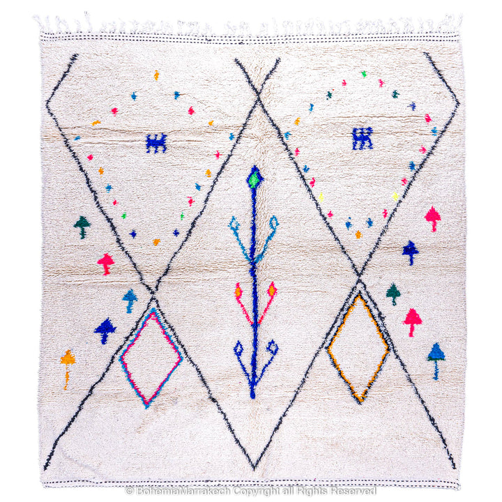Colorful Azilal Moroccan Rug with diamond and tree-of-life motifs in blue, pink, green, yellow, and orange on ivory wool.