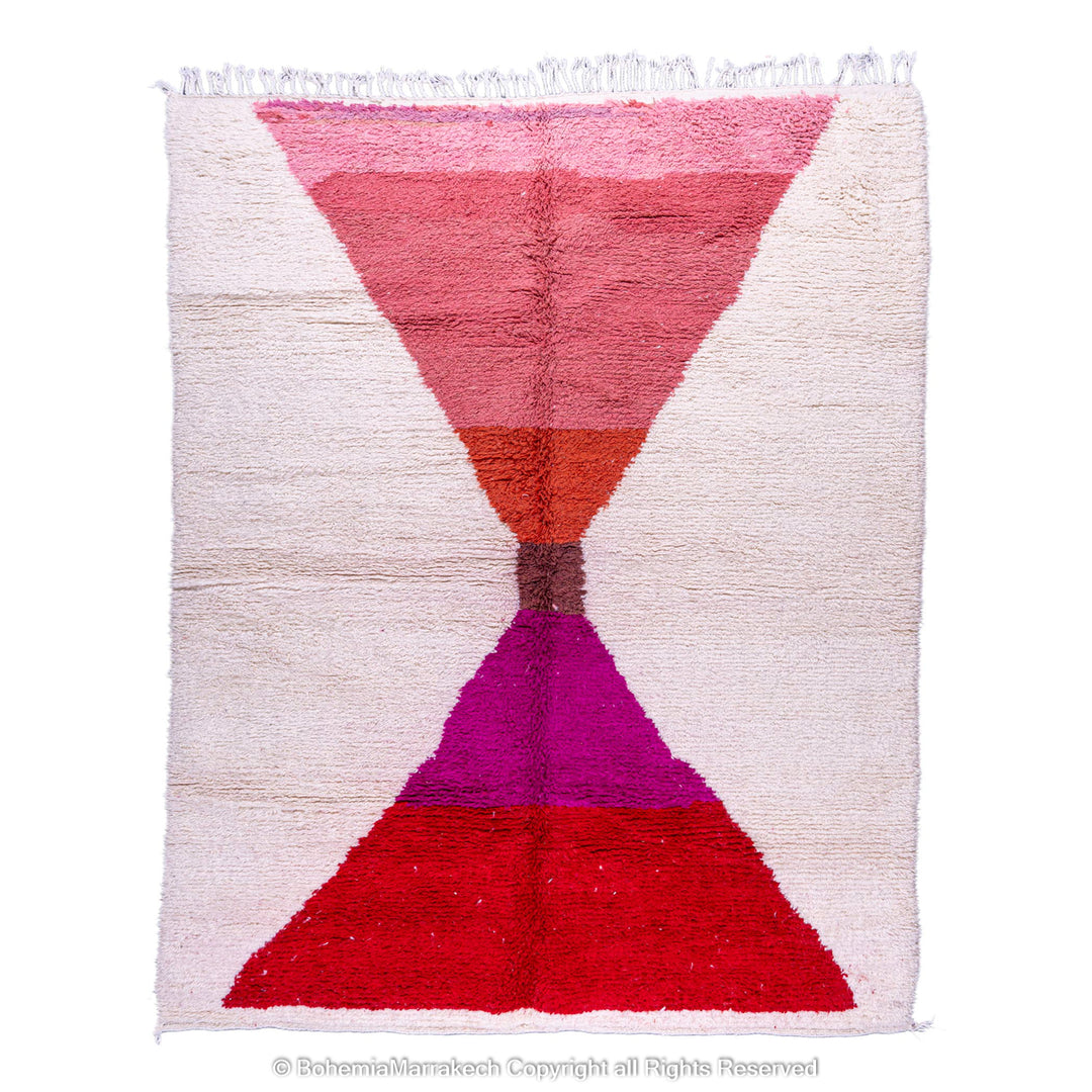 Handmade Moroccan Berber rug with red and pink hourglass design on natural wool base, 8x10 area rug, traditional Moroccan carpet.