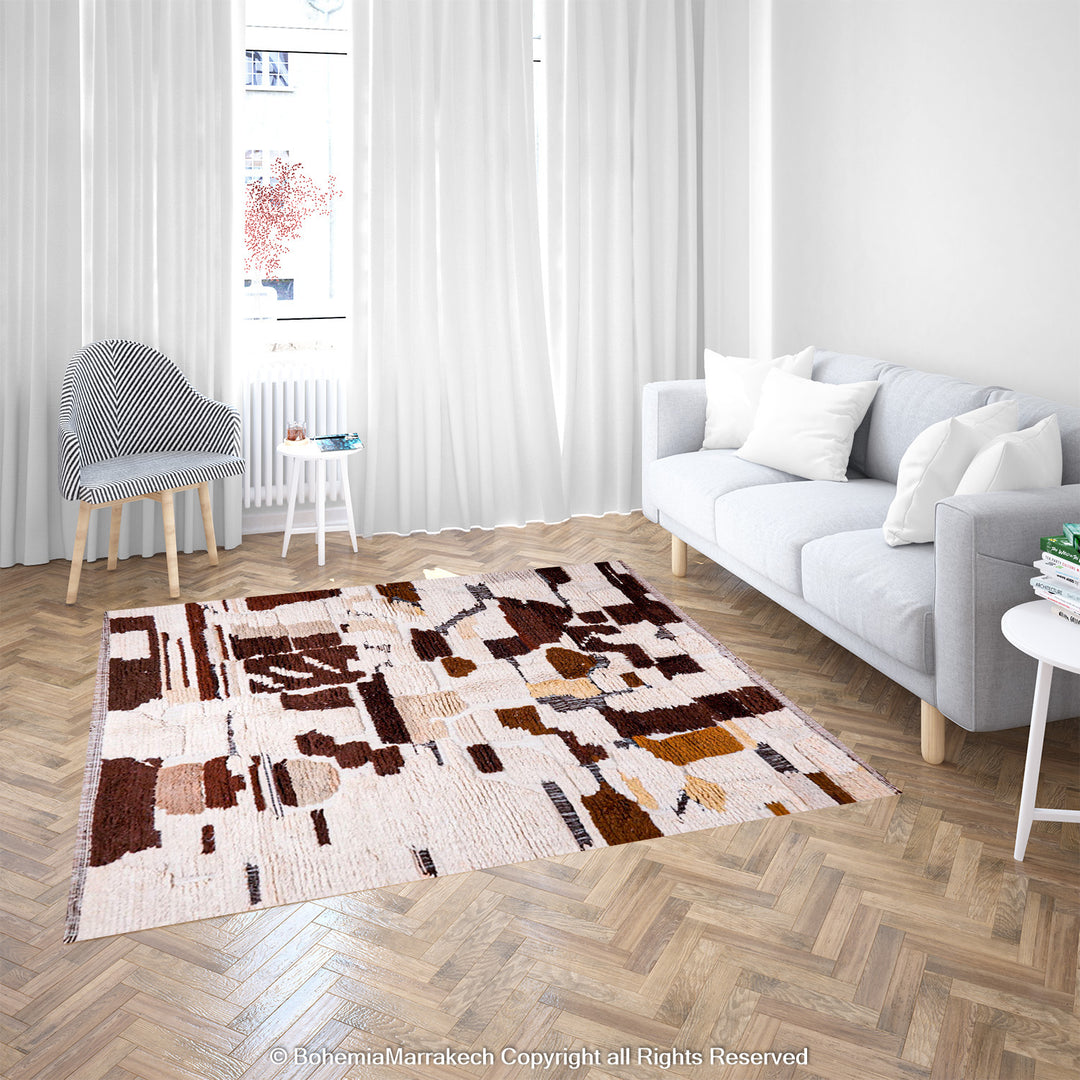Abstract brown Beni Ourain Moroccan rug with vintage wool pattern