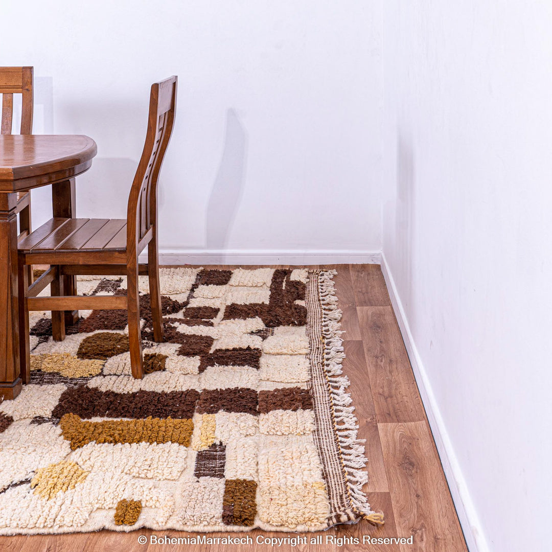 Abstract brown Beni Ourain Moroccan rug with vintage wool pattern
