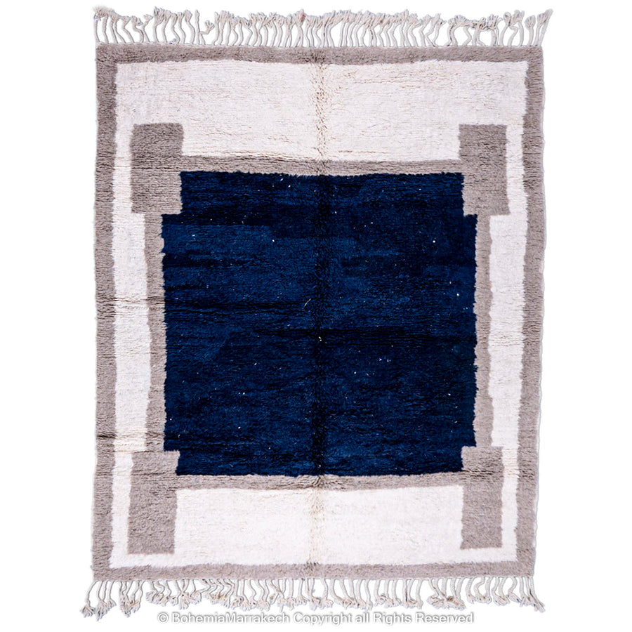 Bold navy blue Moroccan rug with beige and cream geometric border – Beni Ourain wool
