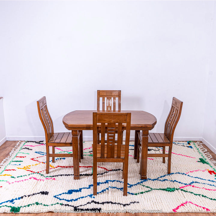 Colorful abstract Beni Ourain Moroccan rug with multicolor lines on white wool