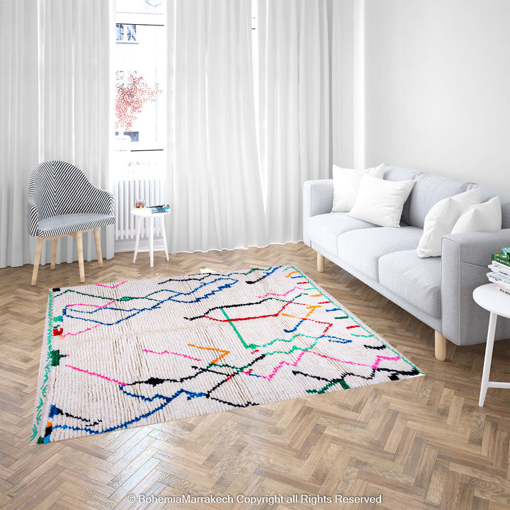 Colorful abstract Beni Ourain Moroccan rug with multicolor lines on white wool