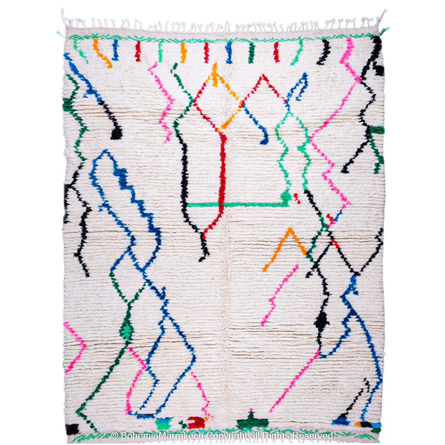 Colorful abstract Beni Ourain Moroccan rug with multicolor lines on white wool