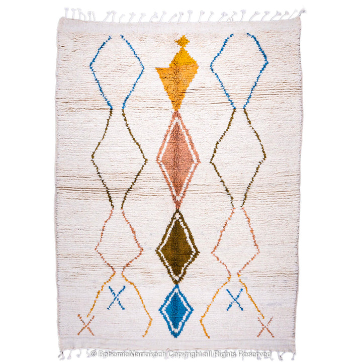 Minimal handmade Moroccan rug with diamond Berber motifs on white wool