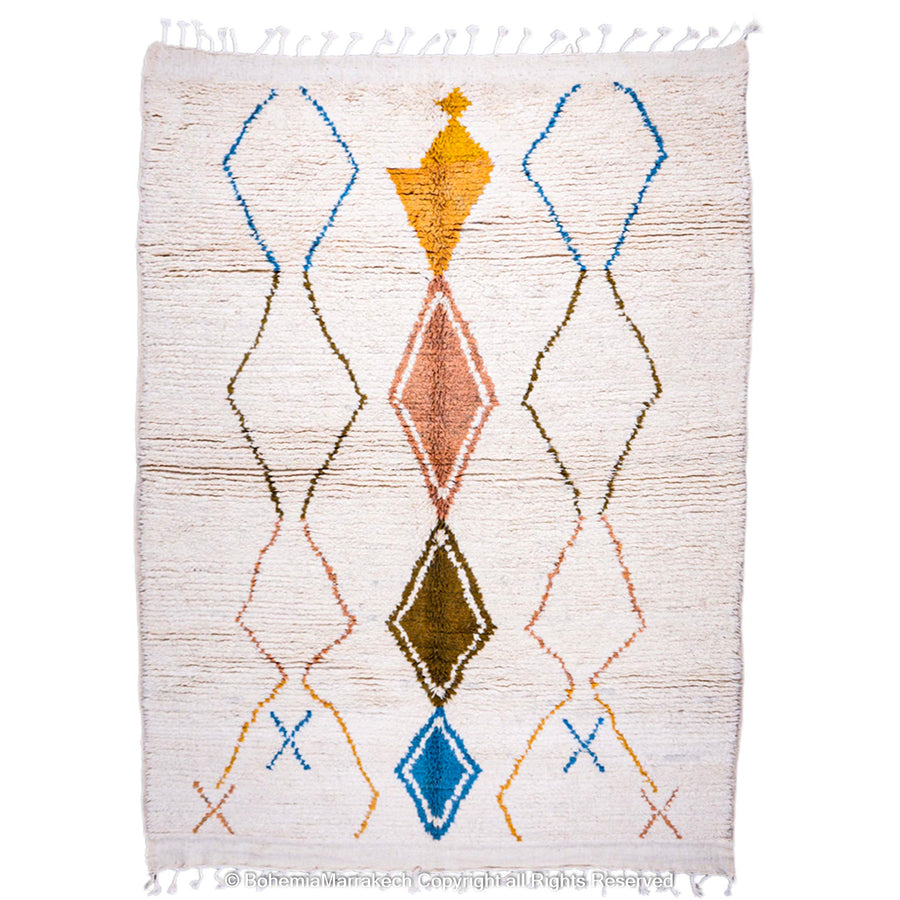 Minimal handmade Moroccan rug with diamond Berber motifs on white wool