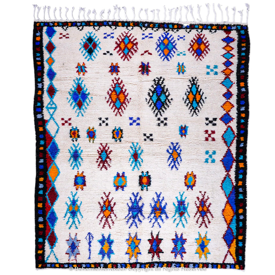 White Moroccan wool rug with colorful Berber tribal motifs and dark border – Beni Ourain handmade